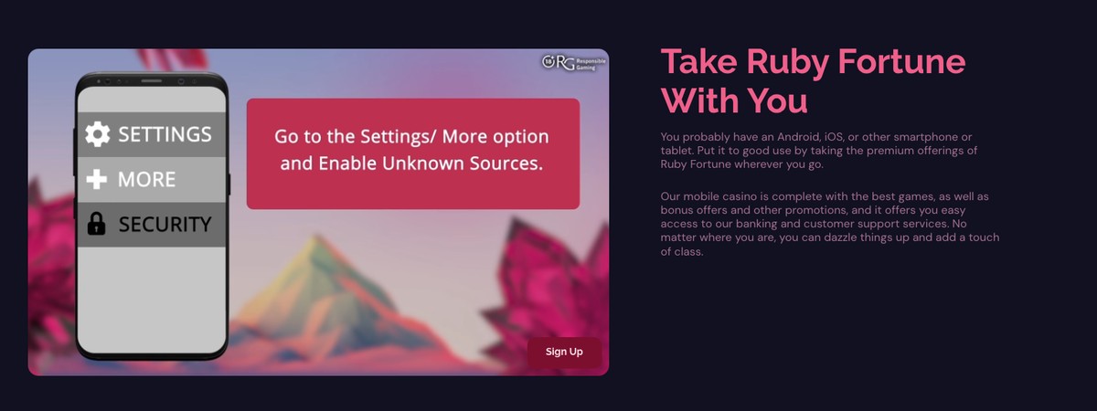 Ruby Fortune mobile section: Take Ruby Fortune With You, Android and iOS