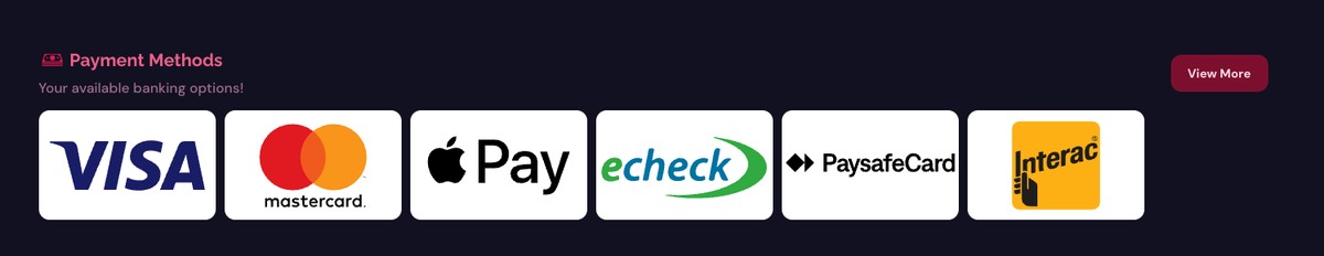 Ruby Fortune payment methods: Visa, Mastercard, Apple Pay, eCheck, PaysafeCard, Interac